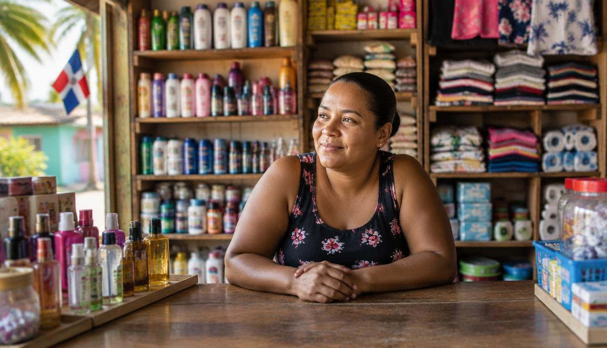 Vendedora en la represa de un colmado con productos surtidos